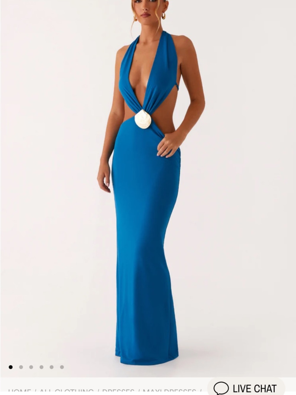 Peppermayo Teal-Blue Backless Halter Maxi Dress with Gold Accent